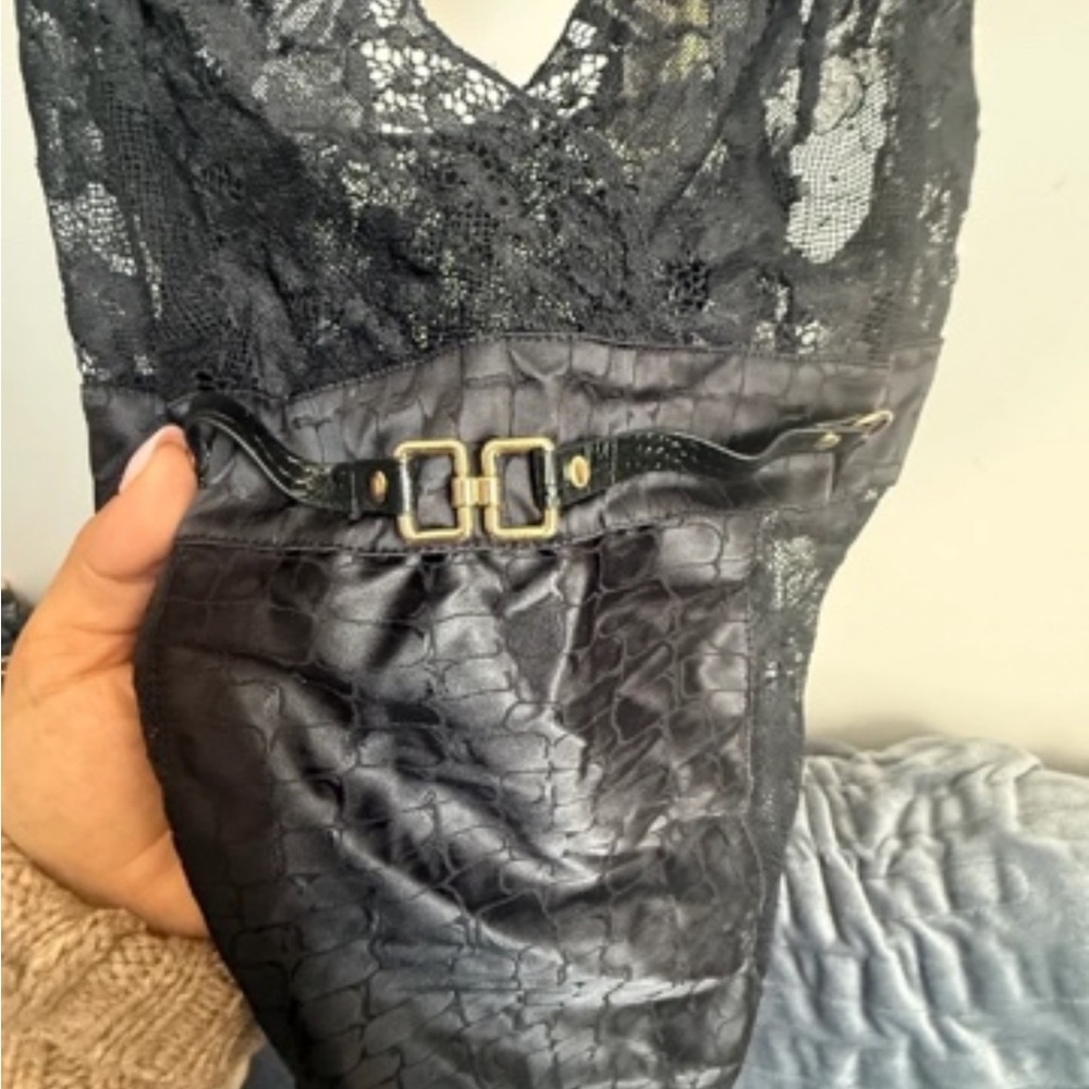 Black Lace Satin Bodysuit - Picture 2 of 5